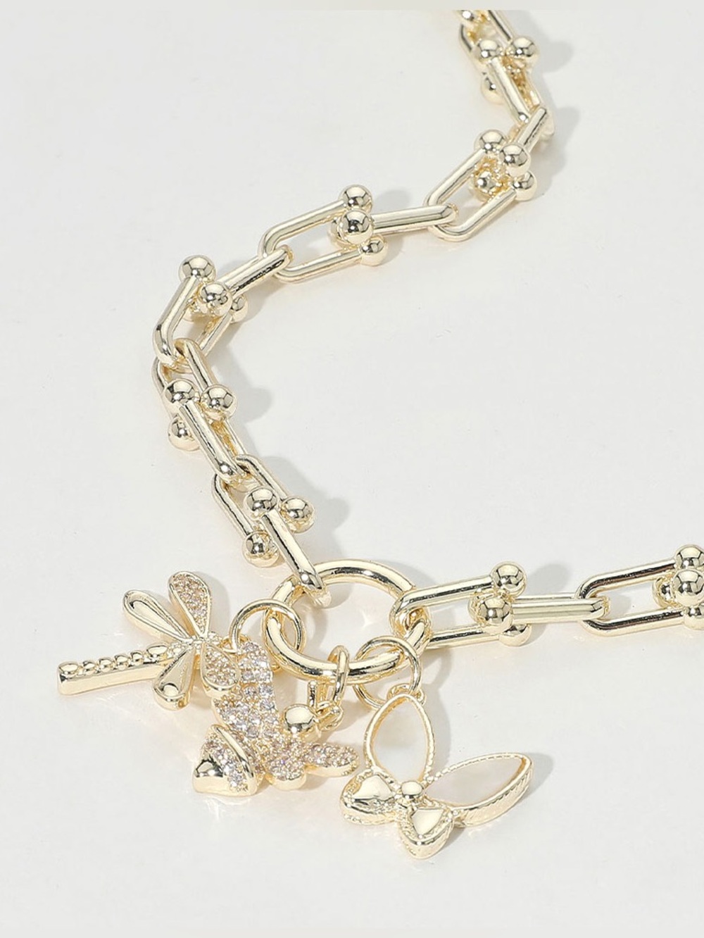 14K Gold Plated CZ Dragonfly Bee Mother of Pearl Butterfly Industrial Necklace